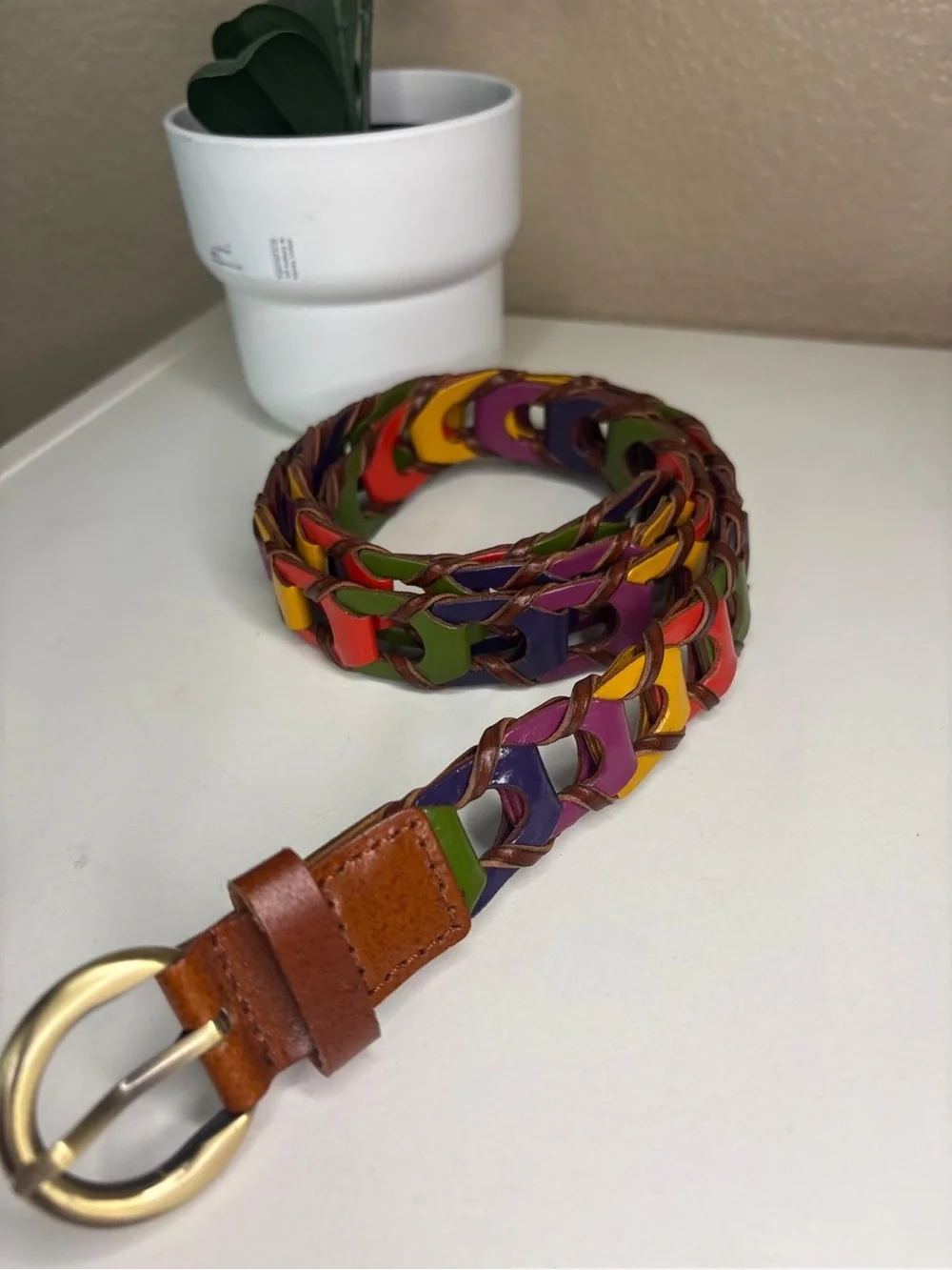 Multicolor Braided Leather Women's Belt with Gold-Tone Buckle